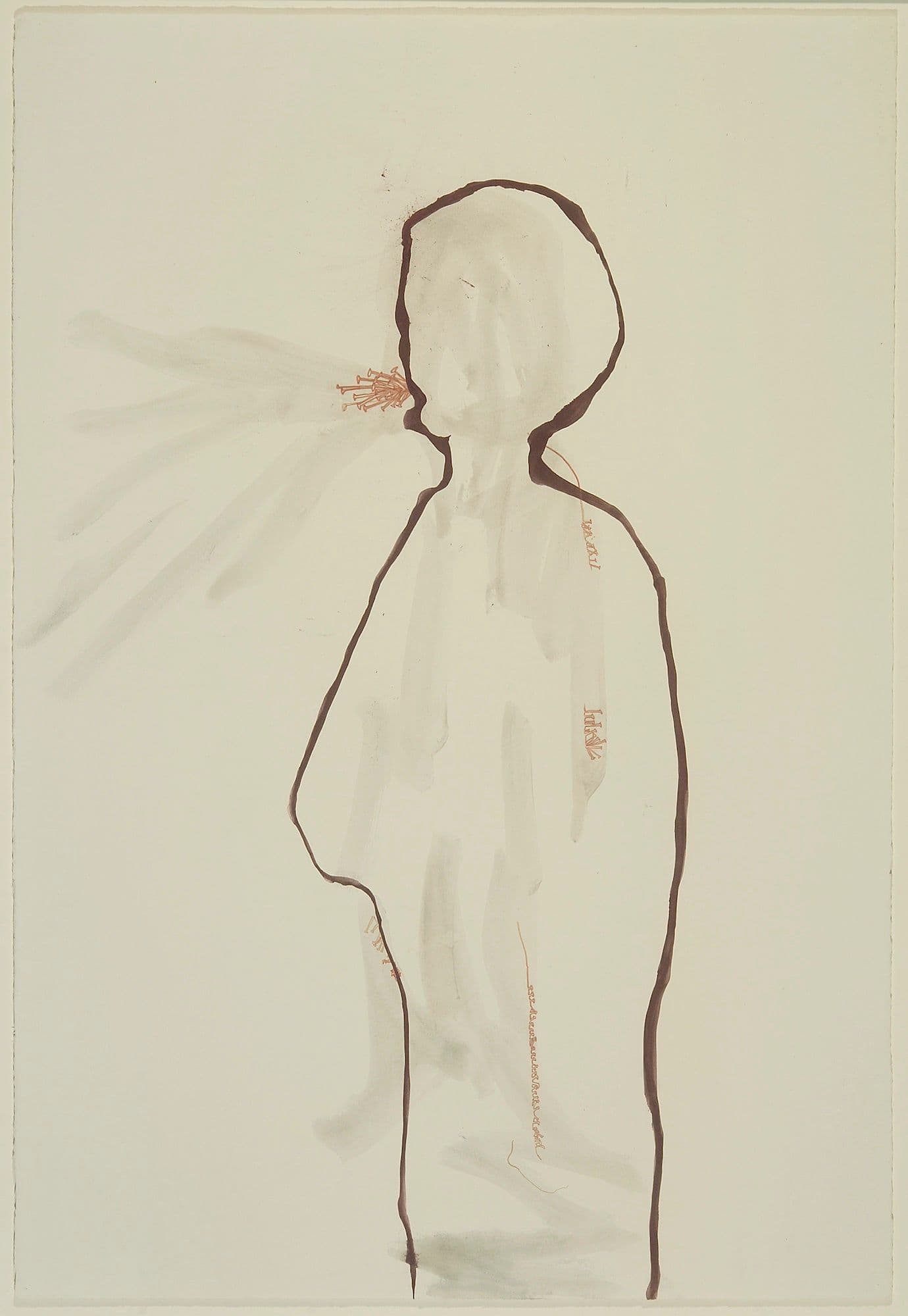 Paining of a human-like outline with strokes coming out of the mouth on a beige canvas. 