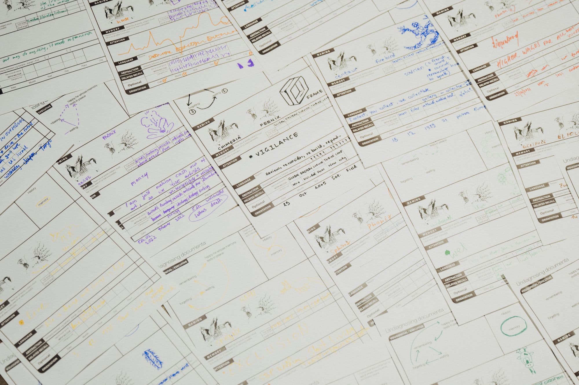 A spread out pile of forms with colourful writing on them