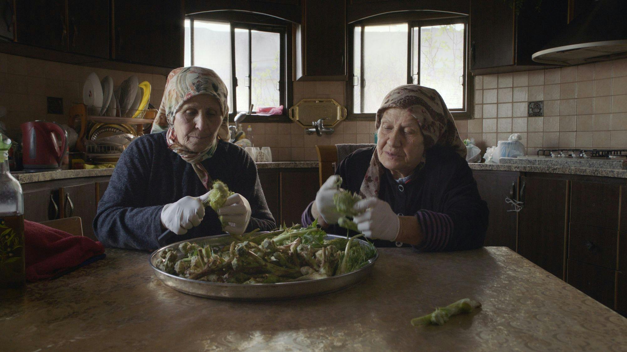 Two women sitting at a table in a kitchen preparing food.