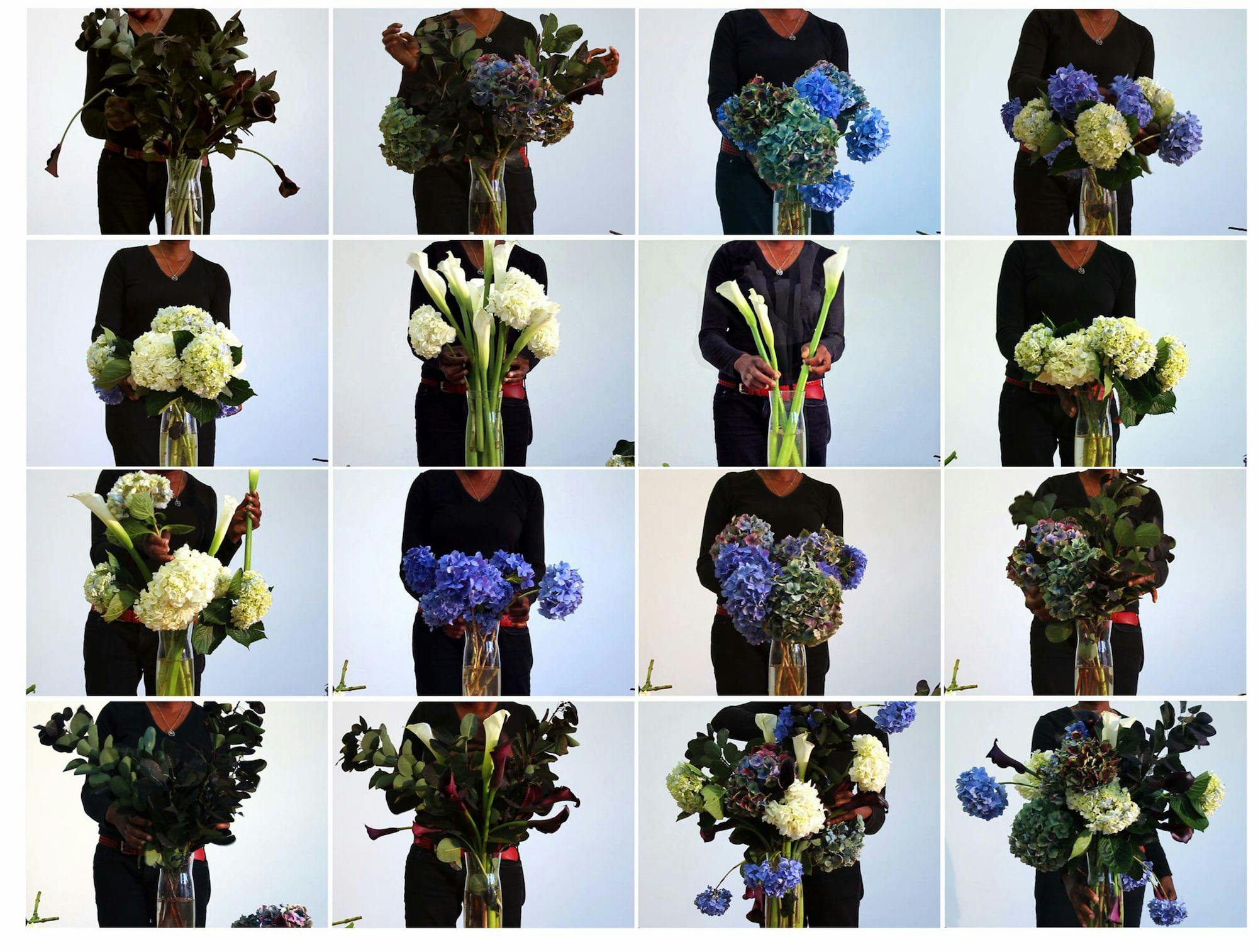 A series of photos of a woman holding flowers